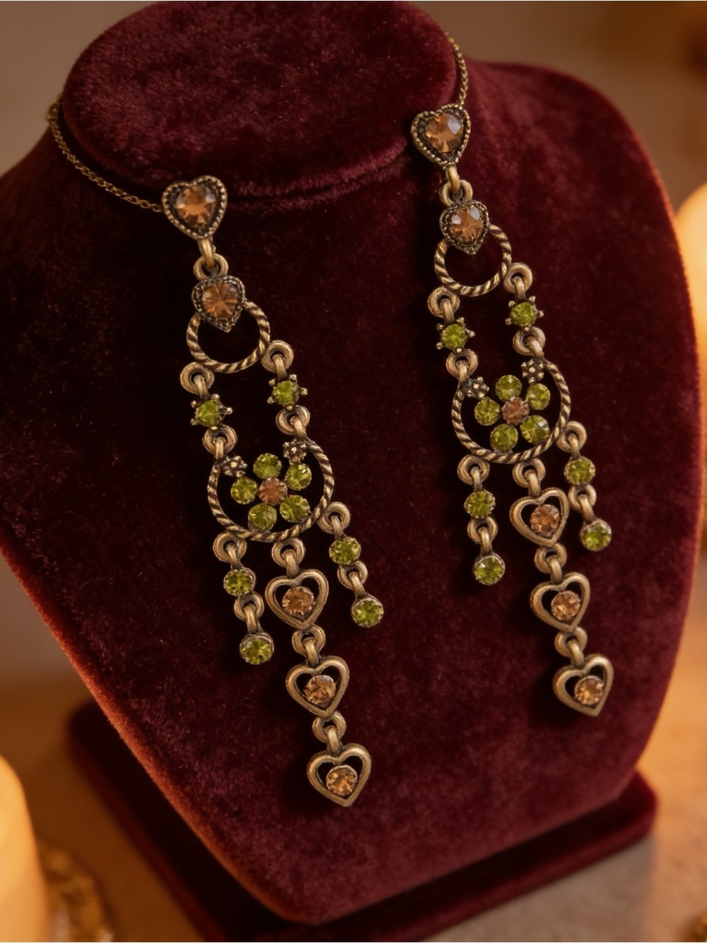 Boho Vintage Lime Green & Champagne Rhinestone Chandelier Statement Earrings